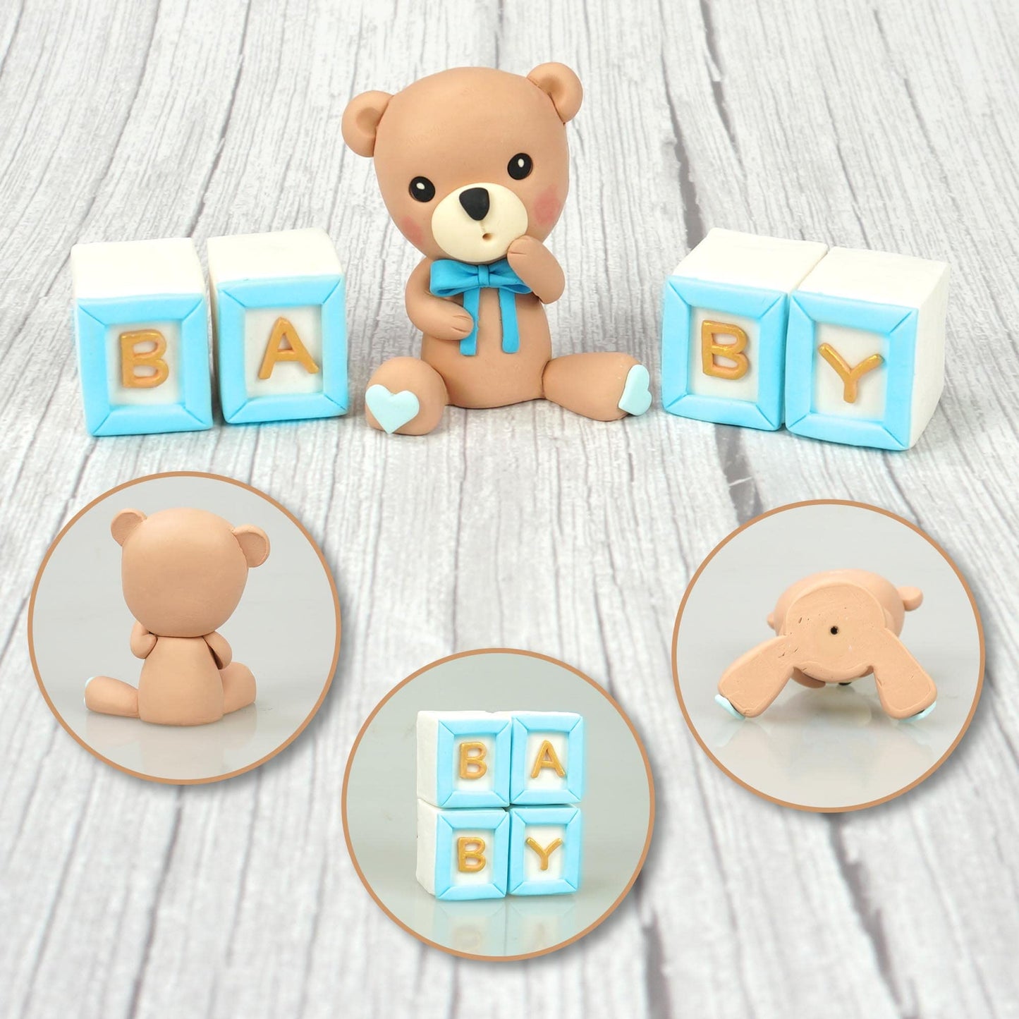 Bear Cake Toppers Mini Bear Cake Decorations Blue Letter Cake Toppers Gold Blue White Pearl Ball for Bear Theme Birthday Supplies (Blue Baby)