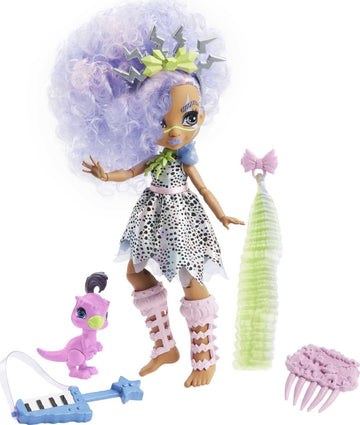 Mattel Cave Club Bashley Doll (8 10-inch, Lavender Hair) Poseable Prehistoric Fashion Doll with Dinosaur Pet and Accessories, Gift for 4 Year Olds and