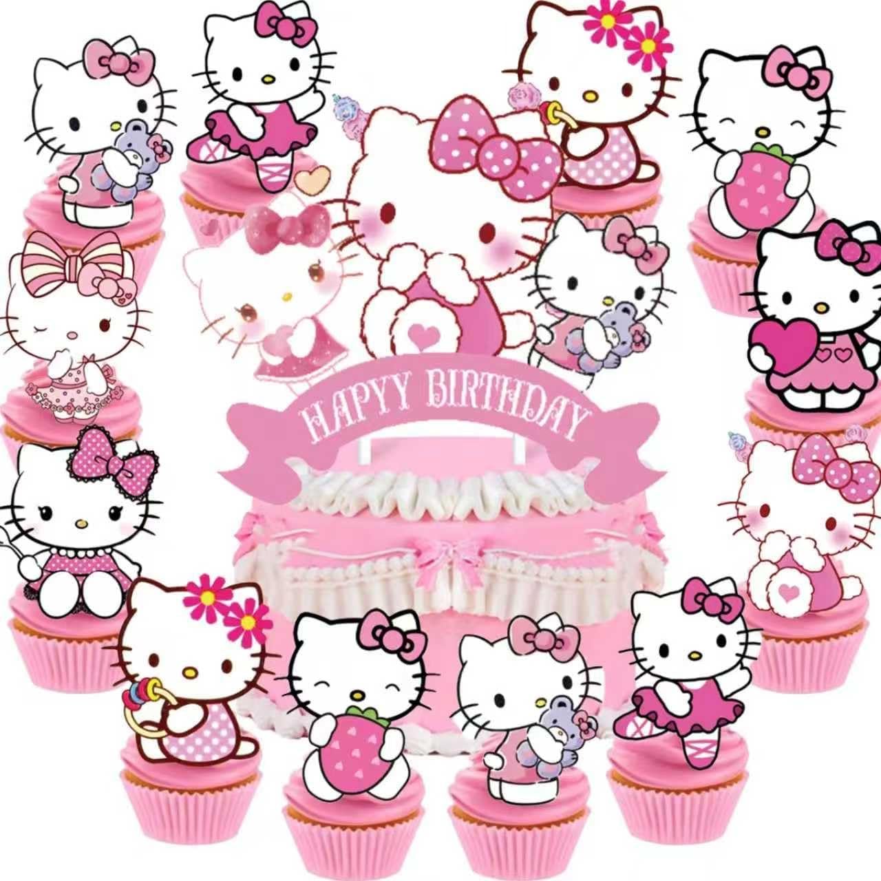 25Pcs Kitty Cake Decorations with 24pcs Cupcake Toppers, 1pcs Happy Birthday Cake Topper, Cartoon Themed Party Supplies, Perfect for Birthday Party