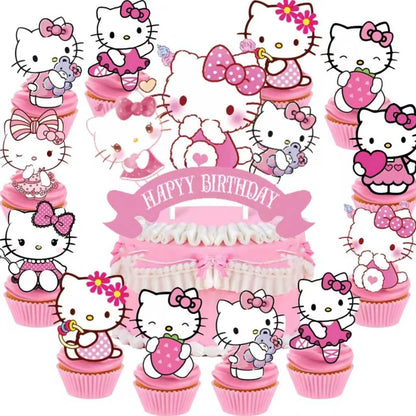 25Pcs Kitty Cake Decorations with 24pcs Cupcake Toppers, 1pcs Happy Birthday Cake Topper, Cartoon Themed Party Supplies, Perfect for Birthday Party
