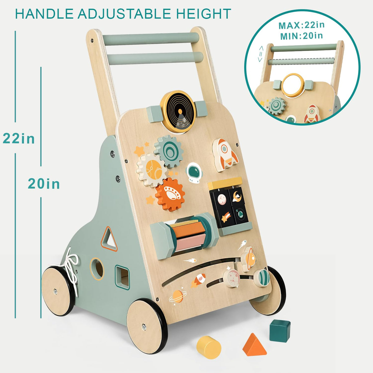 MILEFUN Adjustable Wooden Baby Walker - Montessori Push Toy for 1 Year Old with Rocket-Themed Activity Center, Sit-to-Stand Walker Gift for Boys