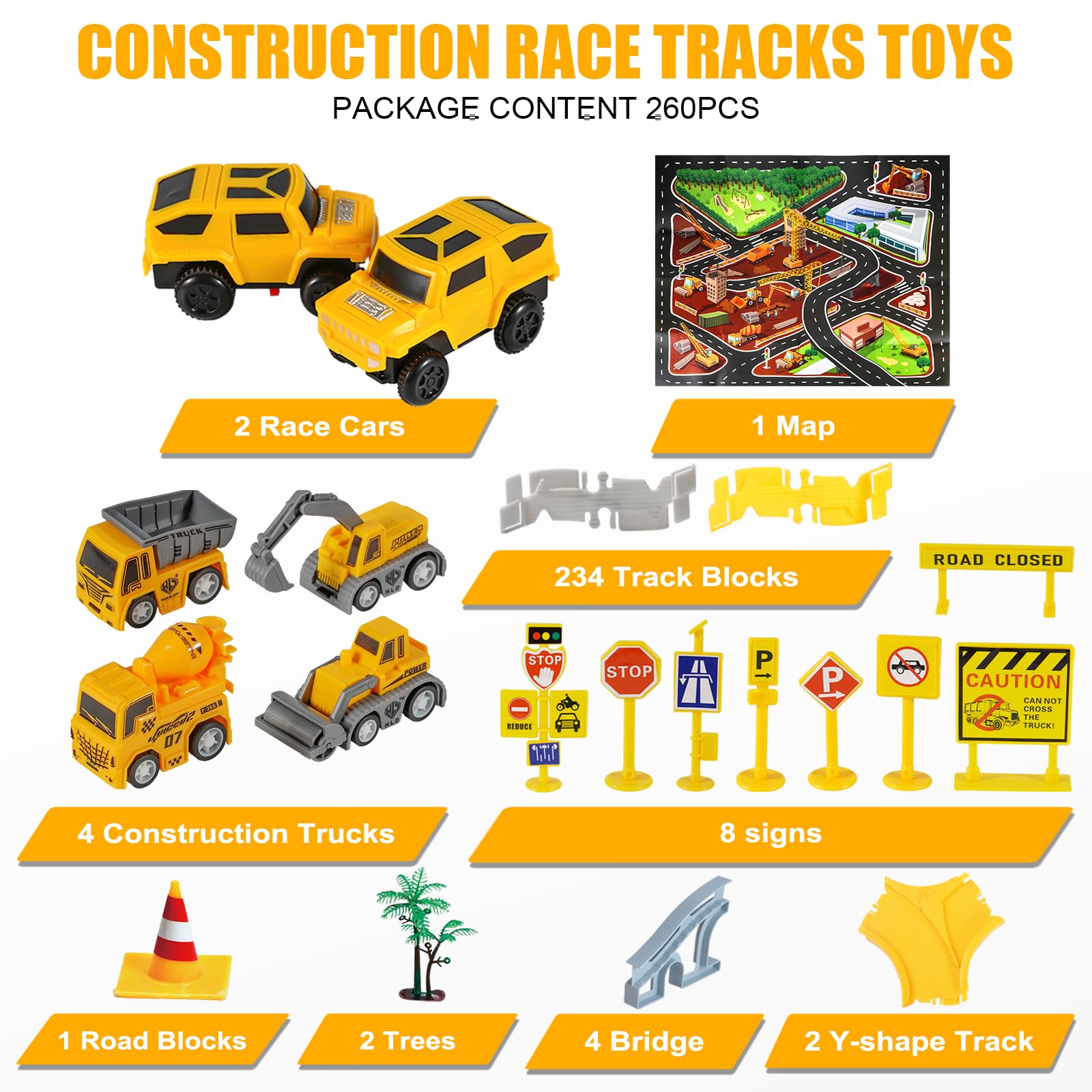 260 PCS Construction Race Tracks for Kids Toys, 2 Racing Cars, 4 Construction Cars, 1 Map & Flexible DIY Track Set, Engineering Toys for 3 4 5 6 Year