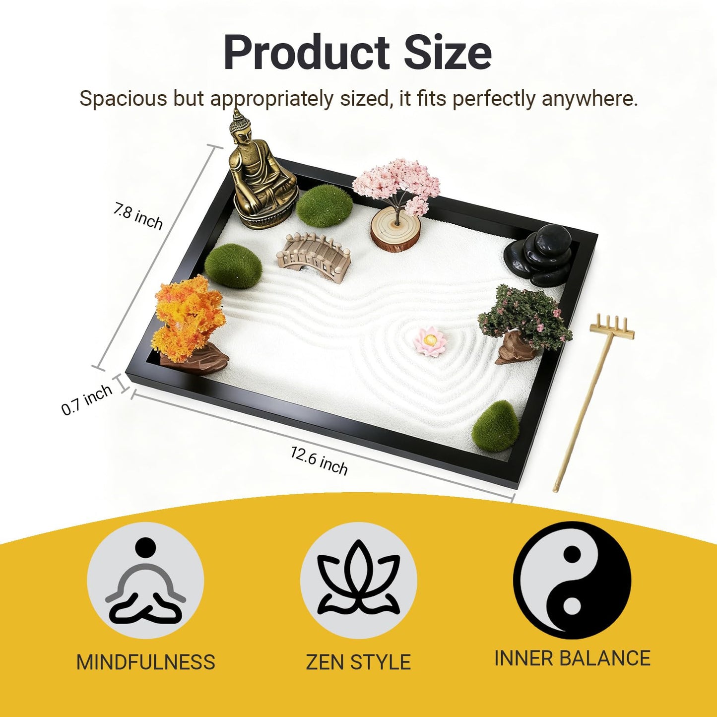 Zen Garden Kit for Desk -12.6" x 7.8" Japanese Zen Sand Garden Gift Set, Sand Tray Therapy Kit with 15 Accessories for Home,Office Desk＆Meditation