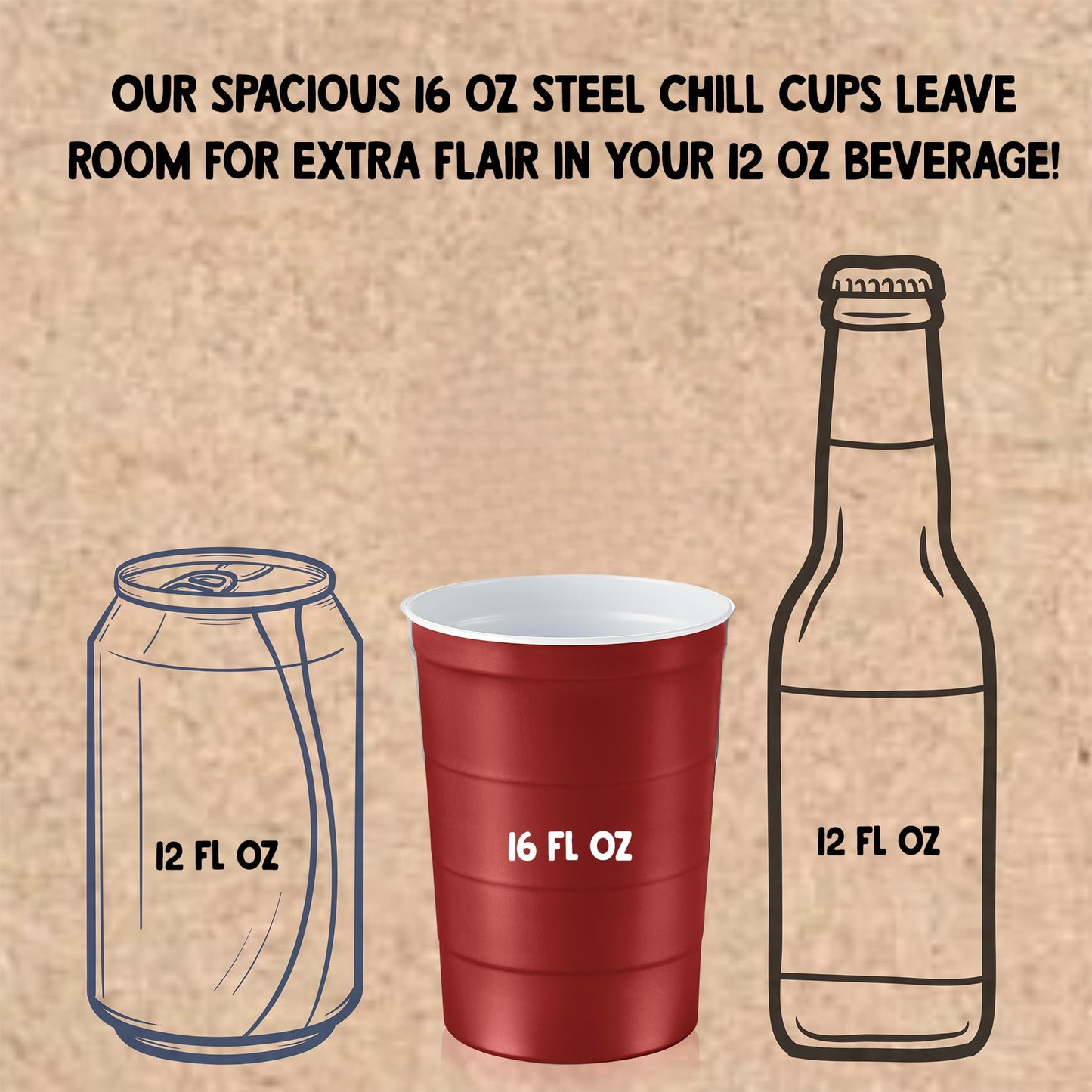 Steel Chill Cups 16 oz. Durable & Reusable Party Cups, Red, 12 Count