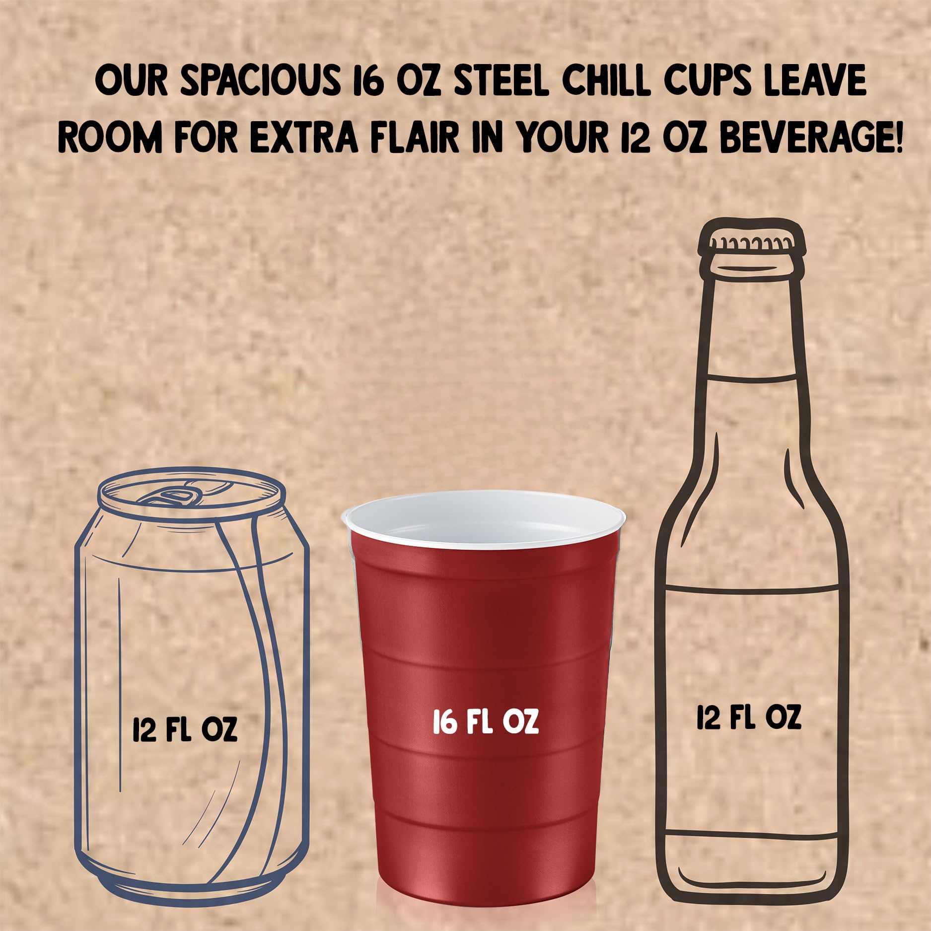 Steel Chill Cups 16 oz. Durable & Reusable Party Cups, Red, 12 Count