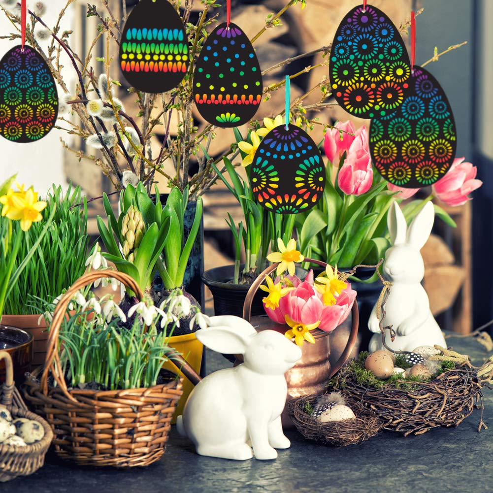 Koogel Easter Egg Scratch Art Set, 36 PCS Rainbow Scratch Art Mini Notes with Colorful Ribbon and Wooden Stick Crafts for Kids Party Favor Easter