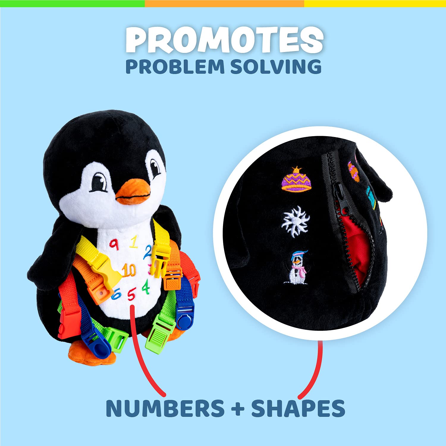 Buckle Toy - Blizzard Penguin Stuffed Animal - Montessori Learning Activity Toy - Develop Motor Skills and Problem Solving - Counting and Color