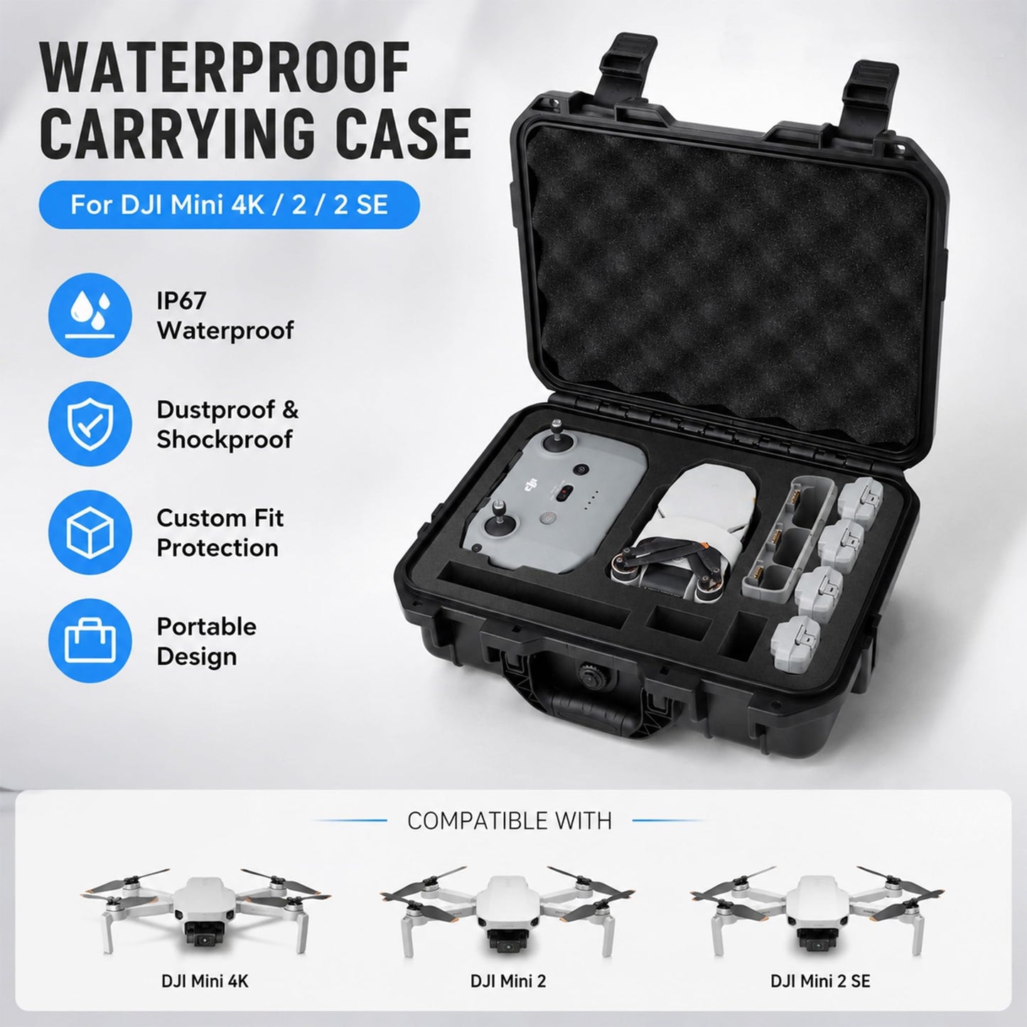 PONYRC Mini 4K Case, IP67 Waterproof Hard Travel Carrying Case for DJI Mini 4K/ 2/2 SE Fly More Combo Drone & Accessories