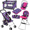 fash n kolor 4 Piece Baby Doll Play Set Flower Design Includes - Foldable Pack N Play, Baby Doll Stroller, Baby Doll High Chair, Infant Seat, Fits Up