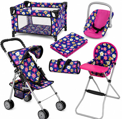 fash n kolor 4 Piece Baby Doll Play Set Flower Design Includes - Foldable Pack N Play, Baby Doll Stroller, Baby Doll High Chair, Infant Seat, Fits Up
