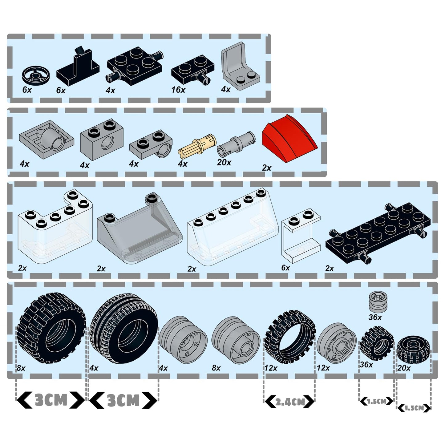 LANMANUO 226PCS Wheels and Axles Sets Car Parts Building Kit with Tires, Windshield, Chassis & Steering Wheel Compatible with Major Brands