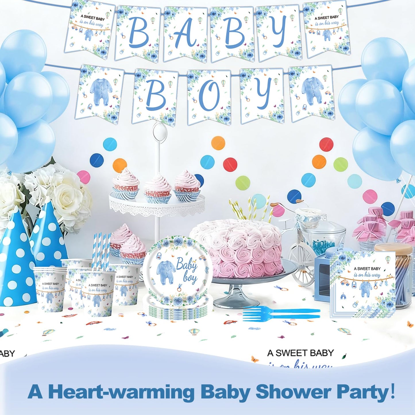 TOTOMA 162 Pcs Baby Shower Decorations for Boy Serve 25 Guest - Blue Theme All-in-One Party Supplies Kit with Plates, Cups, Napkins, Forks, Straws