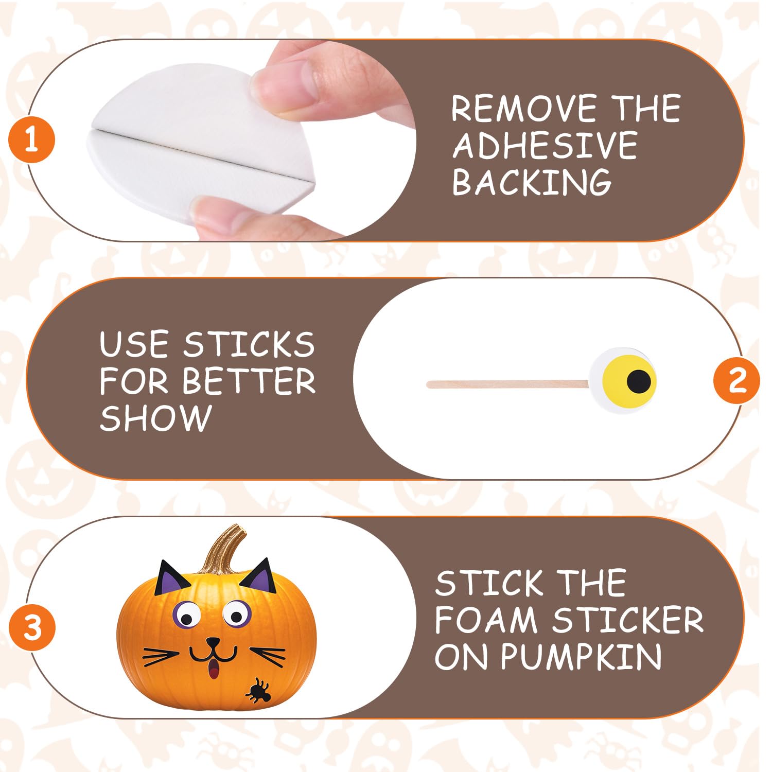 16 Packs Foam Pumpkin Decorating Kit - Pumpkin Foam Stickers for Decorating - 4 Style Holiday Decor Kits for Kids Cat, Bat, Spider Craft Stickers