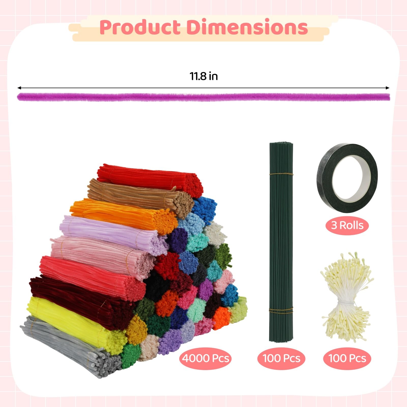 1300 Pcs Pipe Cleaners Craft Set, Chenille Stems in 13 Colors, 30 Flower Stalks, 2 Rolls Floral Tape, Pearl Stickers and Stamens, 11.8 in Bendable