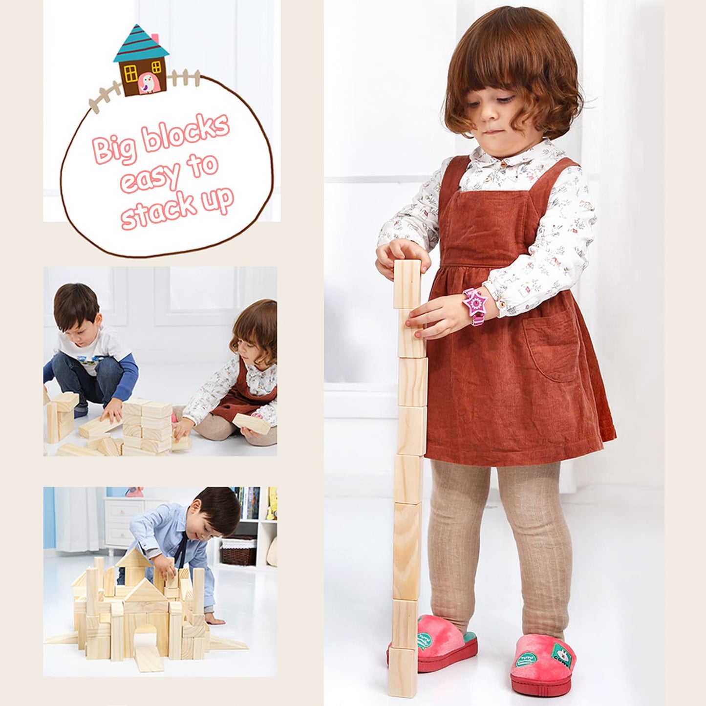 Onshine Large Wooden Blocks for Toddlers 1-3, 64 Pieces Big Wood Building Blocks Set with Wooden Storage Box, Large Toddler Blocks Building