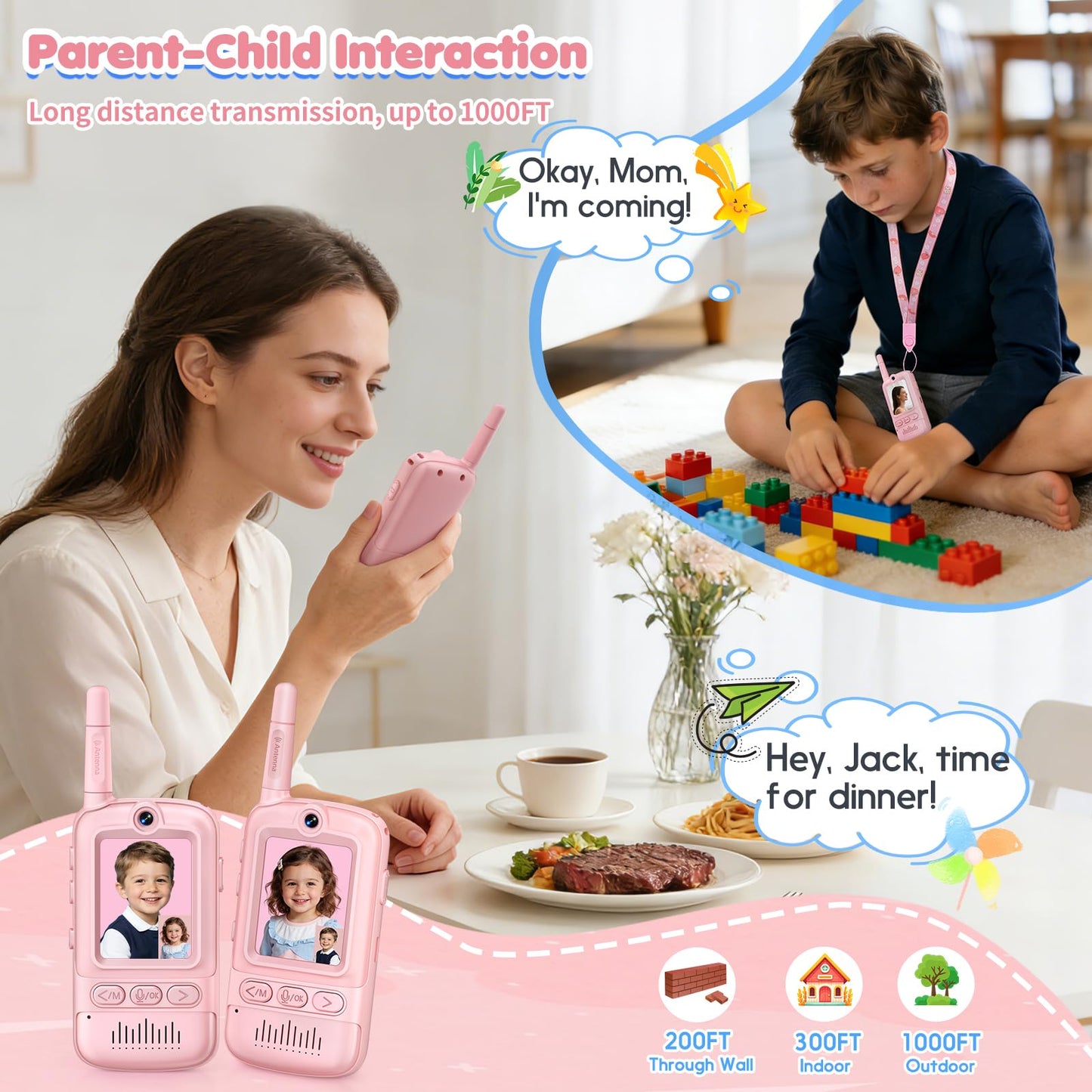 Video Walkie Talkies for Kids, 2 Pack Rechargeable Video Intercom Kids Walkie Talkies, Long Range Two Way Radio with 4 Voice Effects, Kid Indoor