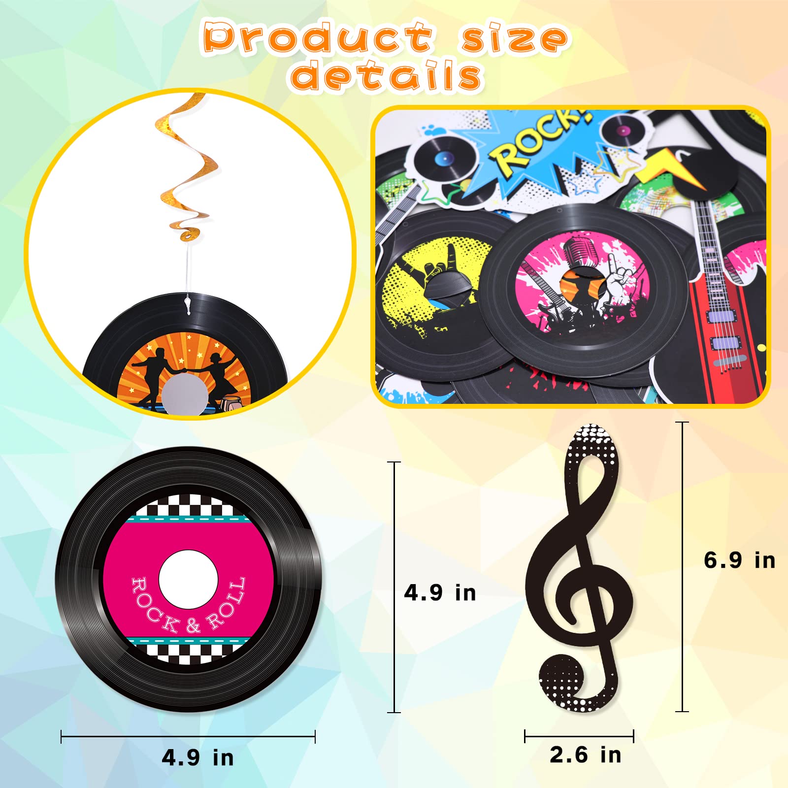 60 Pieces 50s Party Rock and Roll Music Party Decorations Hanging Swirls Music Record Cutouts Hanging Banner Double Sides Ceiling Decor with Streamer