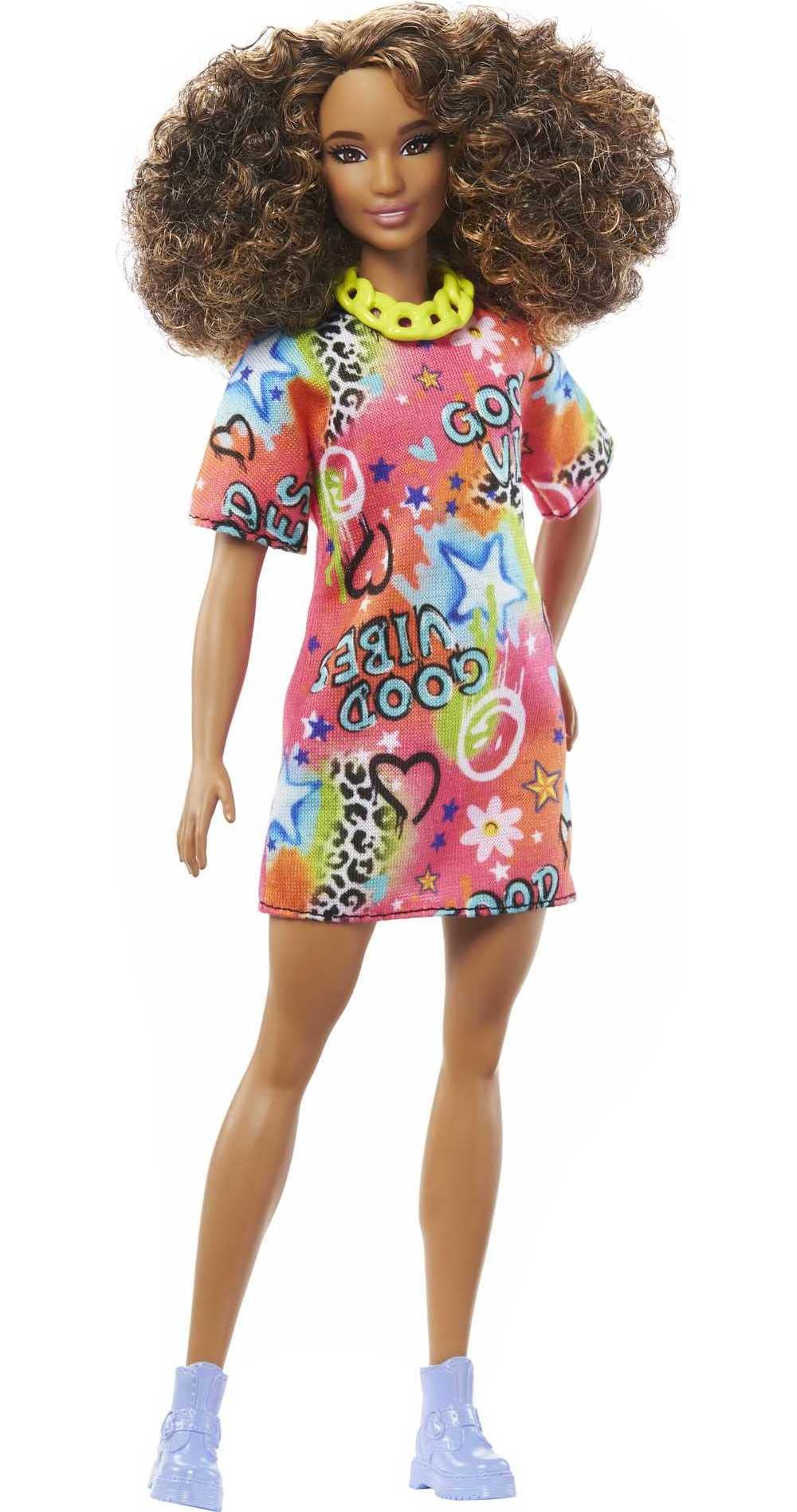 Barbie Fashionistas Doll #201, Athletic Body with Curly Brunette Hair, Graffiti-Print Dress & Accessories Including Boots & Chain Necklace