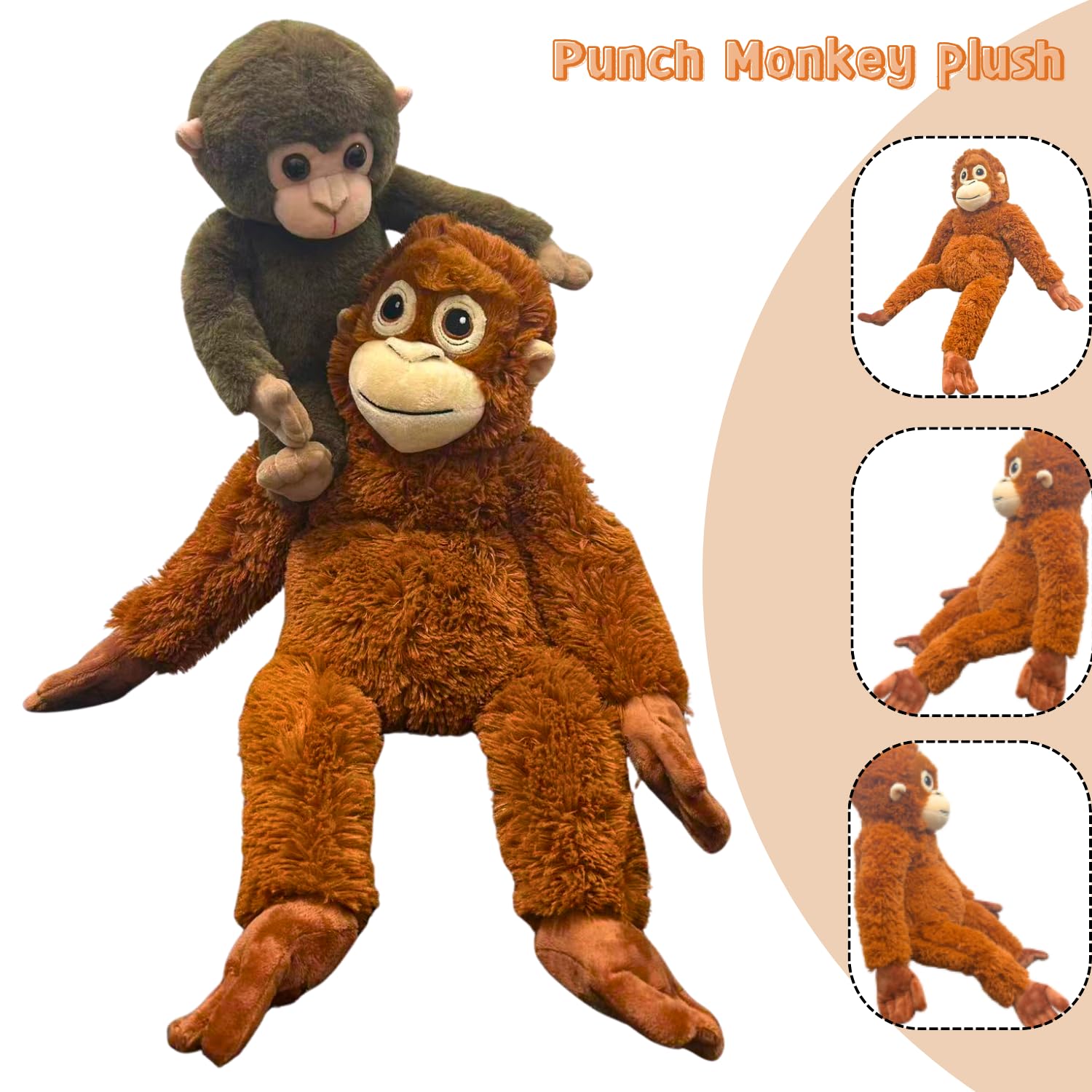 TQJOUJOU Punch Monkey Plush Toys, 2Pcs Baby Monkey & Orangutan Stuffed Animals, 26'' Cuddly Huggable Orangutan Plushies Doll, Gift for Kids and Adults
