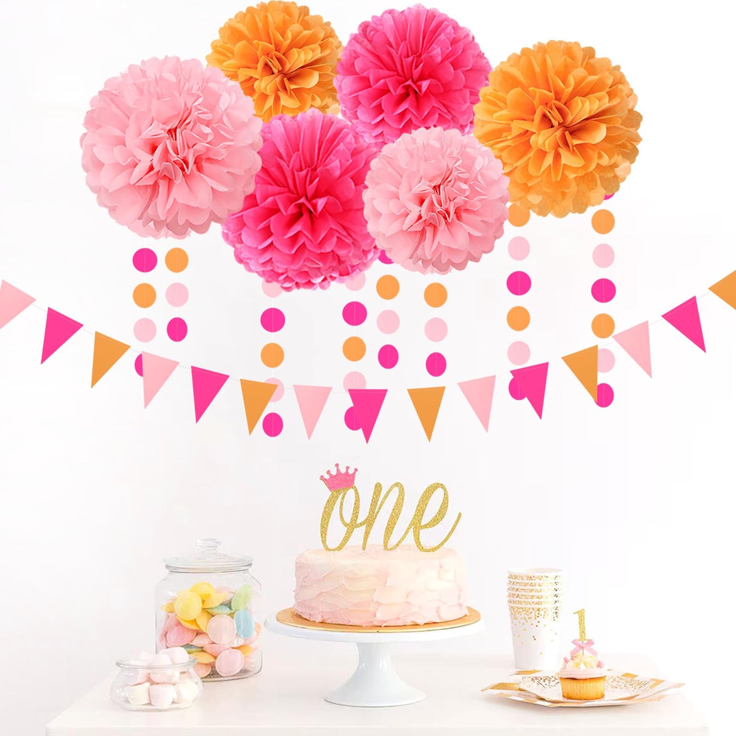 Hot-Pink Burnt-Orange Fall Party Decorations - 23pcs Birthday Baby Shower Tissue Pom Poms Streamers,Sunset Autumn Thanksgiving Tassel Garland