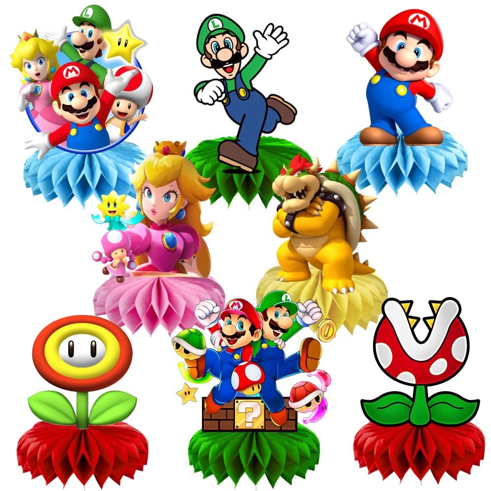 8Pcs Mario Table Centerpiece Birthday Party Supplies Double Side Table Decorations for Mario Themed Party Decorations
