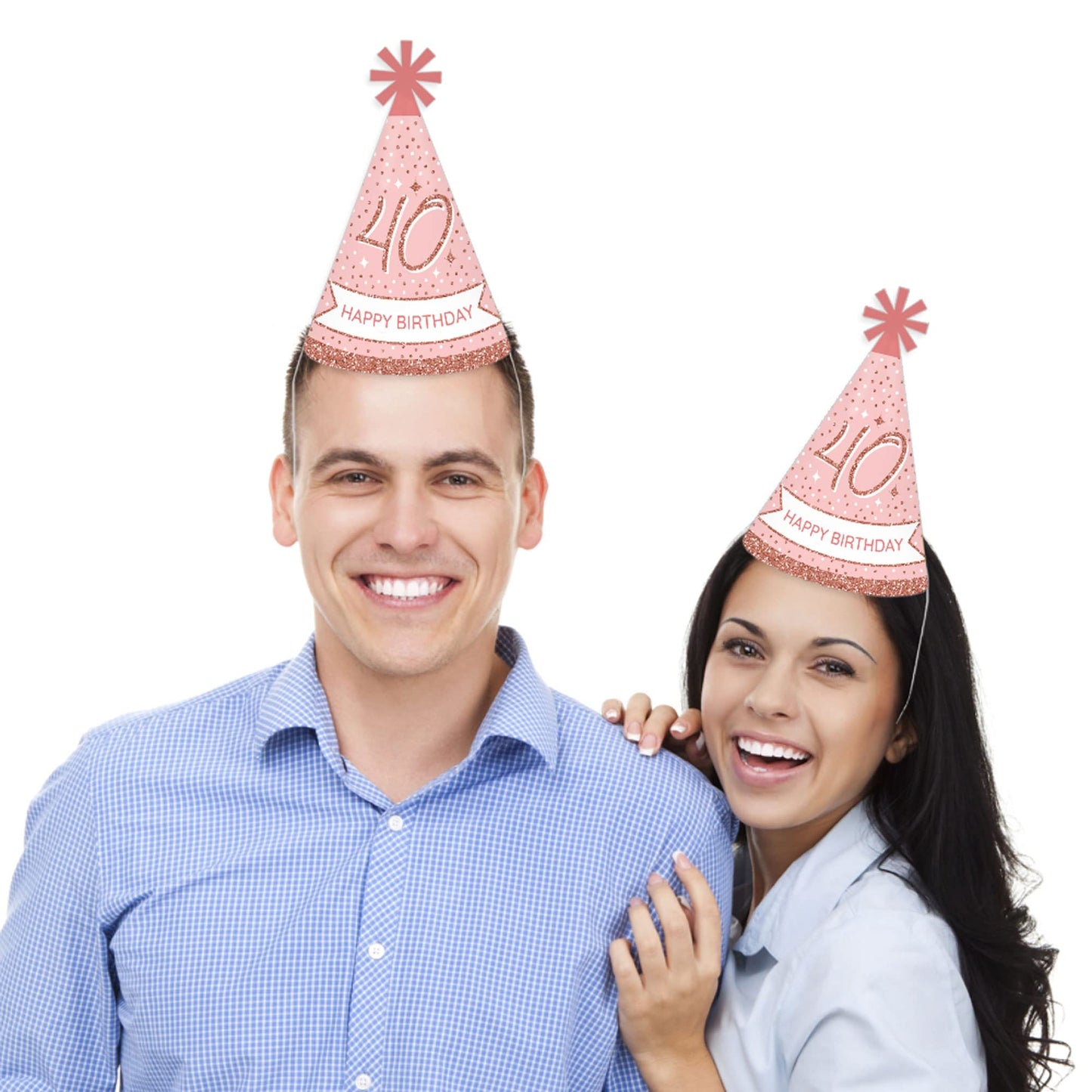 Big Dot of Happiness 40th Pink Rose Gold Birthday - Cone Happy Birthday Party Hats for Kids and Adults - Set of 8 (Standard Size)