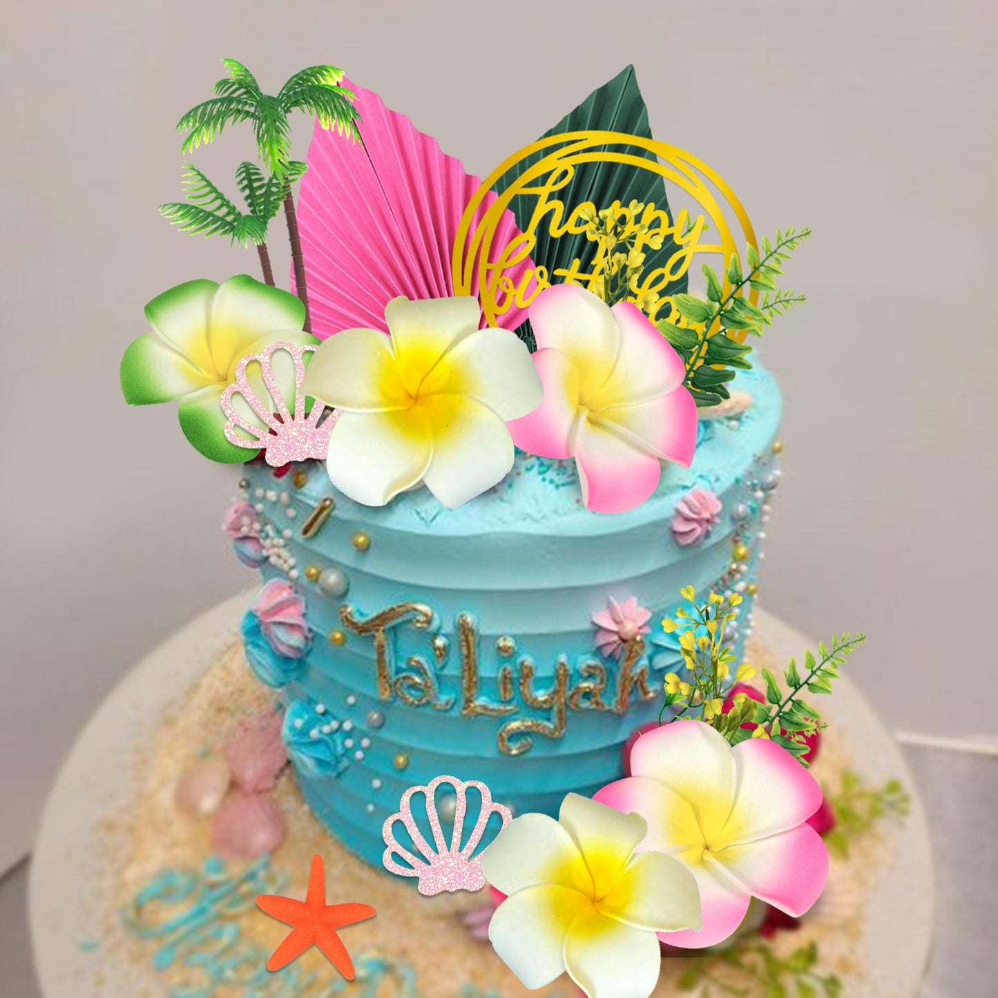 Summer Flower Cake Toppers Starfish Cake Decorations Coconut Tree Hibiscus Flower Cake Toppers for Tropical Hawaiian Beach Luau Themed Supplies