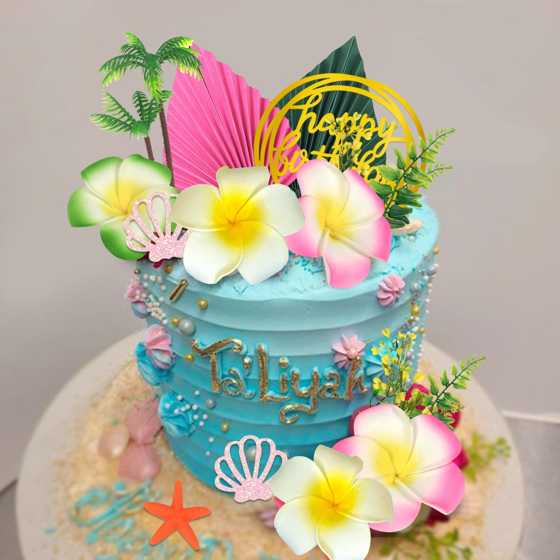 Summer Flower Cake Toppers Starfish Cake Decorations Coconut Tree Hibiscus Flower Cake Toppers for Tropical Hawaiian Beach Luau Themed Supplies