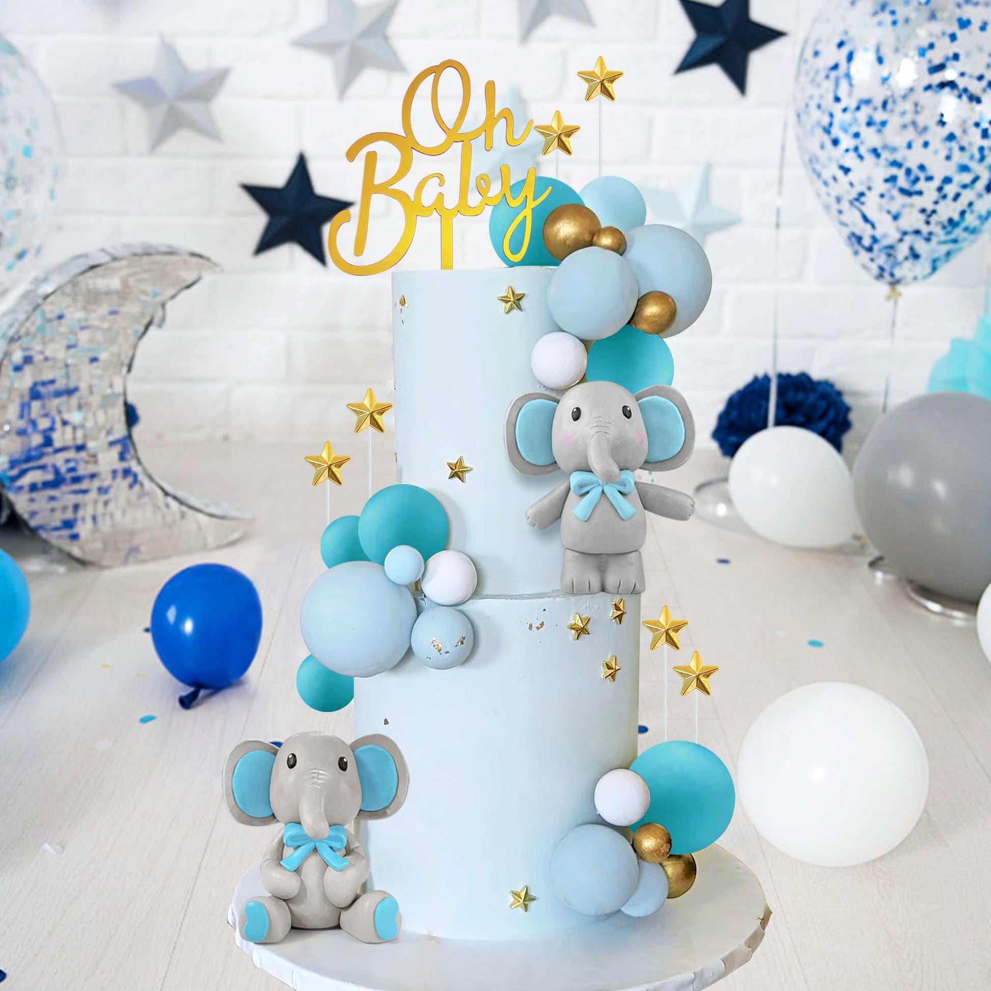 43 PCS Blue Elephant Cake Decoration Cute Baby Elephant Cake Decorations Cake Topper Star Cake Topper Blue Pearl Balls Cake Picks for Baby Shower Boy