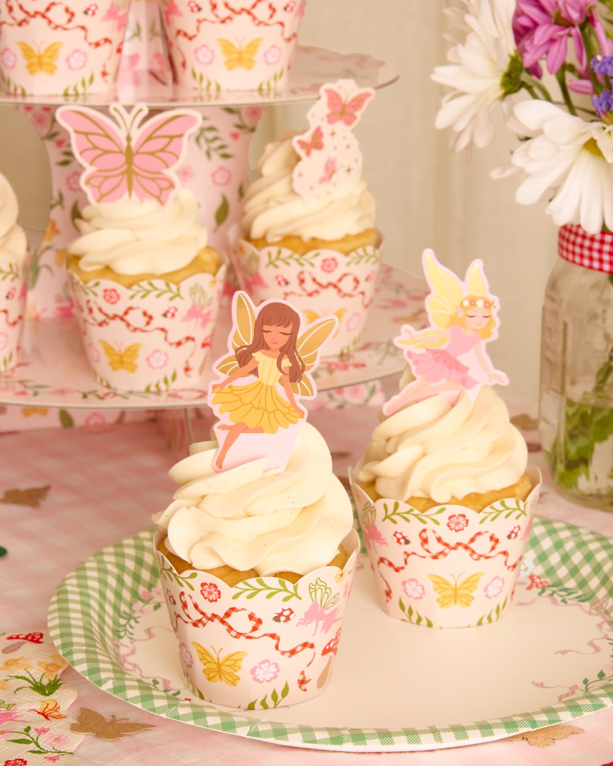 xo, Fetti Garden Fairy Cupcake Toppers and Wrappers - 24 pc Set | Woodland Decorations, Fairy First, Tea Party, Kids Birthday, Butterfly, Pink Floral