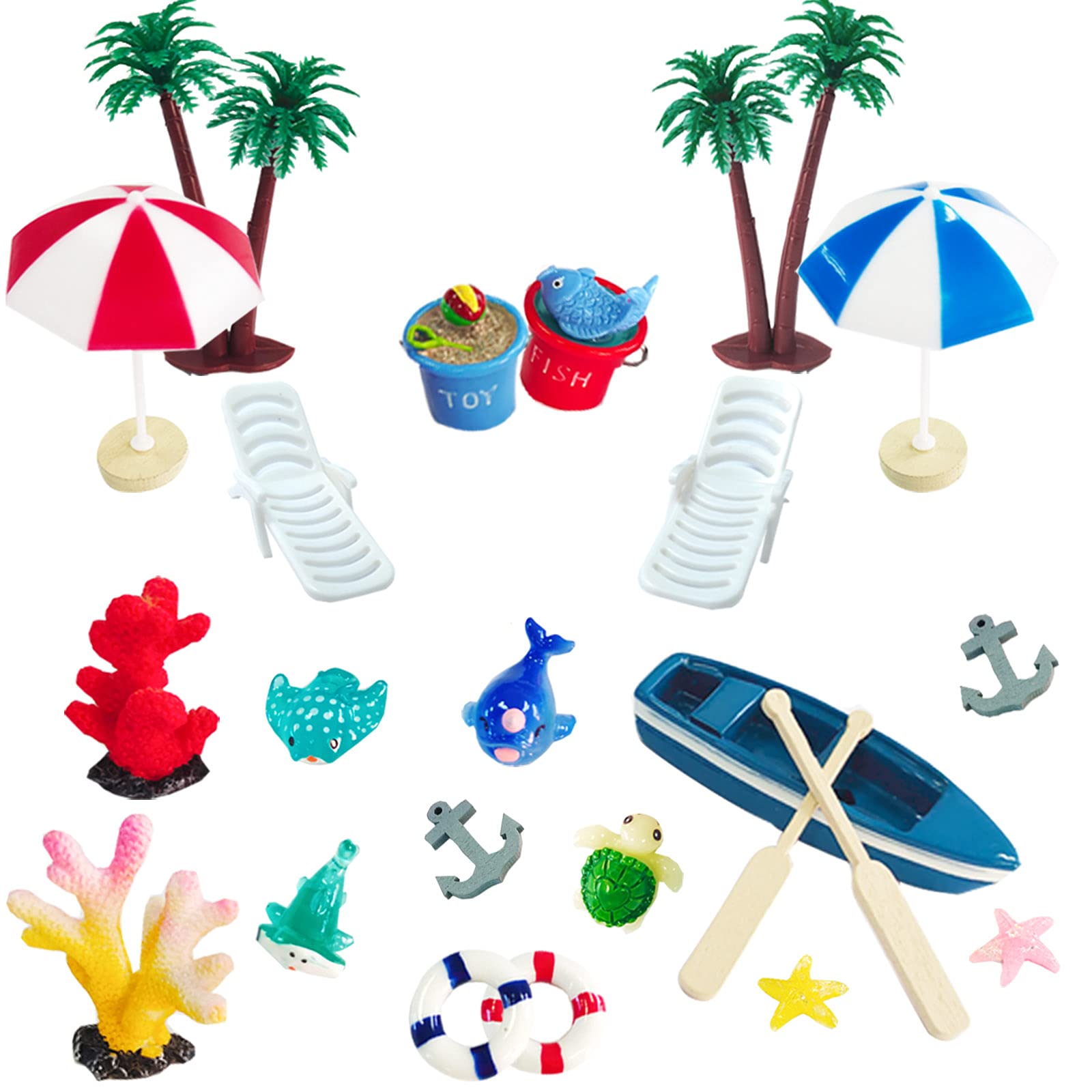 21 Pieces Beach Cake Toppers Hawaiian Chair Boat Palm Tree Umbrella Dollhouse Decoration Miniature Ornament Kits Set for Swimming Pool Summer Beach