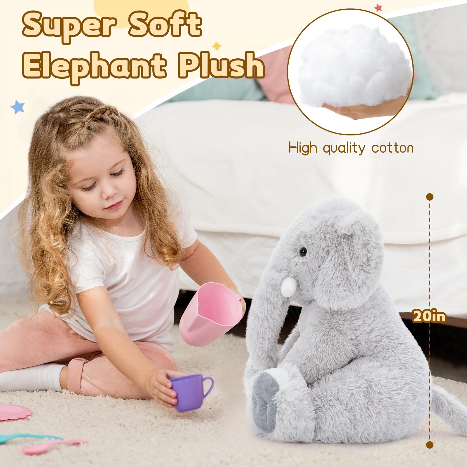 Toys Studio 19.6 Inch Stuffed Elephant Giant Plush Grey Elephant Stuffed Animal for Kids Girls Birthday Gifts Christmas Valentine's Day Mother's Day