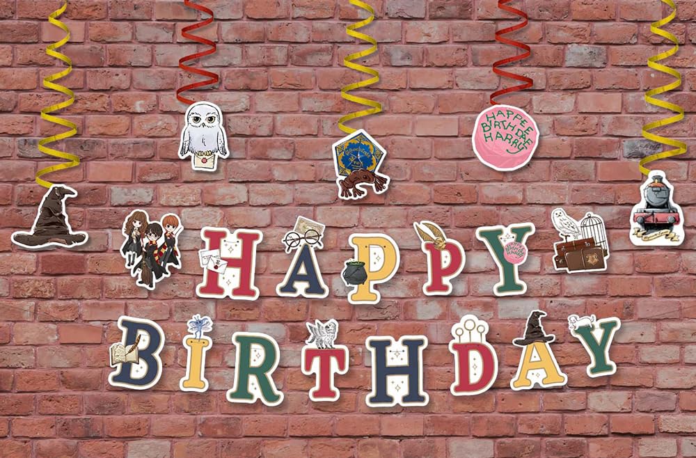 ConQuest Journals Harry Potter Birthday Party Garland & Hanging Decorations Set, Wizarding World HAPPY BIRTHDAY Banner (72"), 14 Hanging Decor Pieces