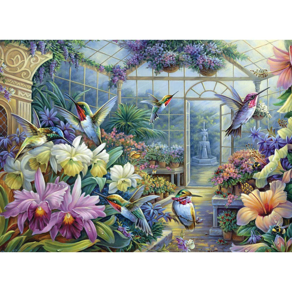 Bits and Pieces - 1500 Piece Jigsaw Puzzle for Adults - Antique Greenhouse - Bird Fountain Beautiful Flower Garden Jigsaw Puzzle by Artist Oleg