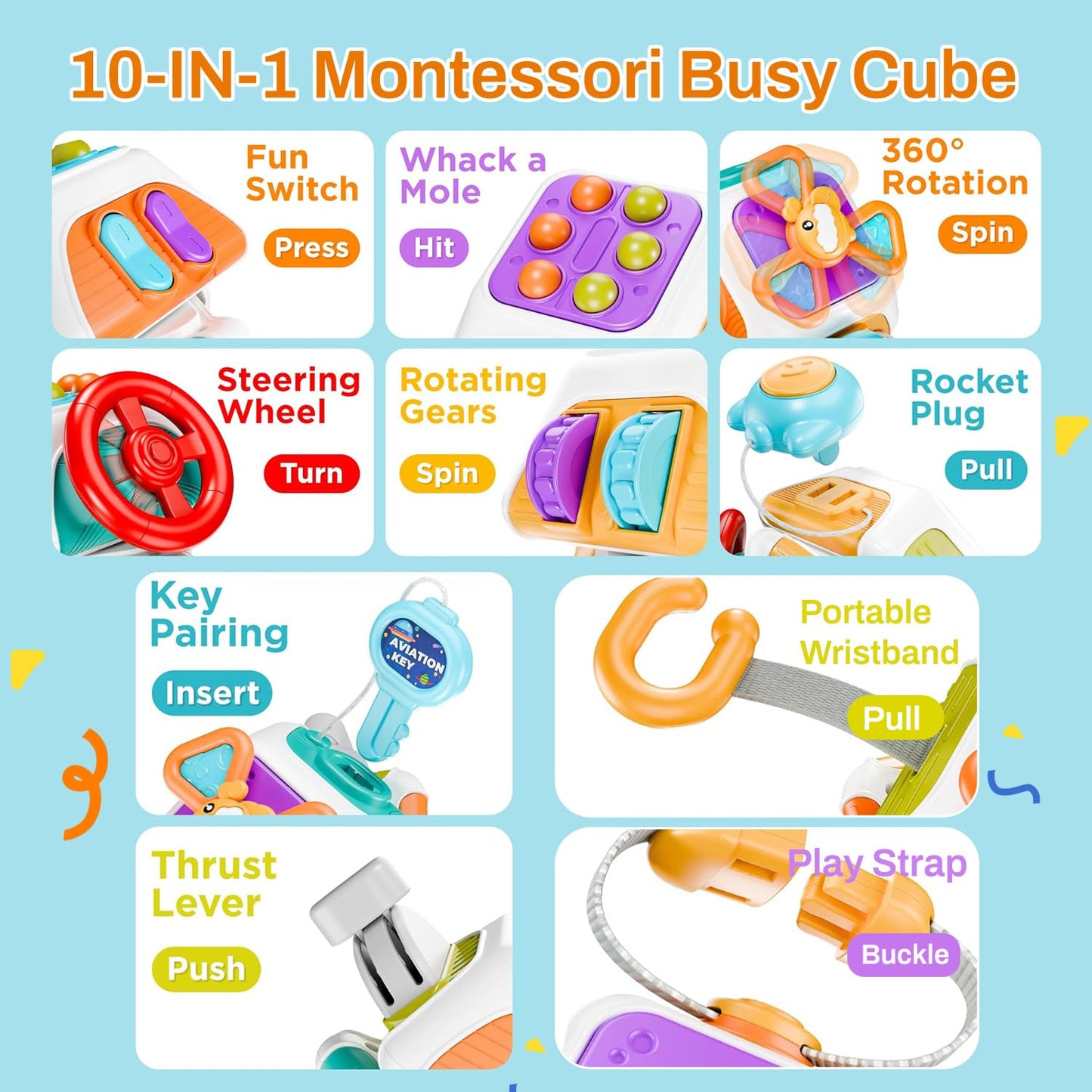GZSDLL Montessori Busy Cube for Toddlers,Car Travel Toys Busy Board Activity Cube,Kids Educational Birthday Gifts Sensory Baby Toys 18+ Months