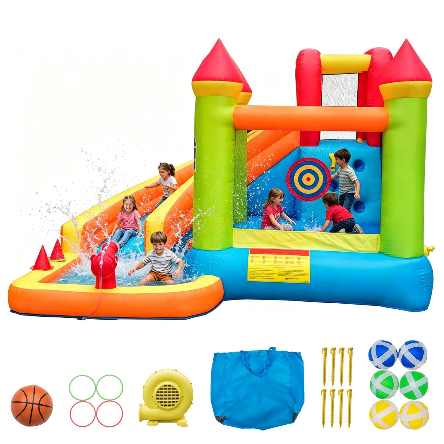 Inflatable Water Slide Bounce House, 10x10 Large Bouncy Castle with Climbing Wall, Splash Pool, Water Cannon & Blower, Heavy Duty Backyard Water Park