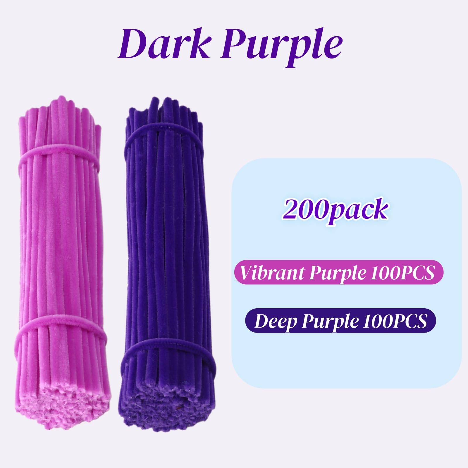 200 Pcs Pipe Cleaners, Deep Purple & Vibrant Purple Chenille Stems for Crafts, Thick Fluffy Pipe Cleaners for DIY Flowers, Animals & Decorations, Art