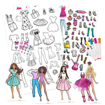Barbie: Fabric Fashions Paper Dolls - Design Playset, 4 Dolls & Stands, Mix & Match Adhesive Outfits, Stickers-Gems-Ribbon, Storage Package, Kids 3+