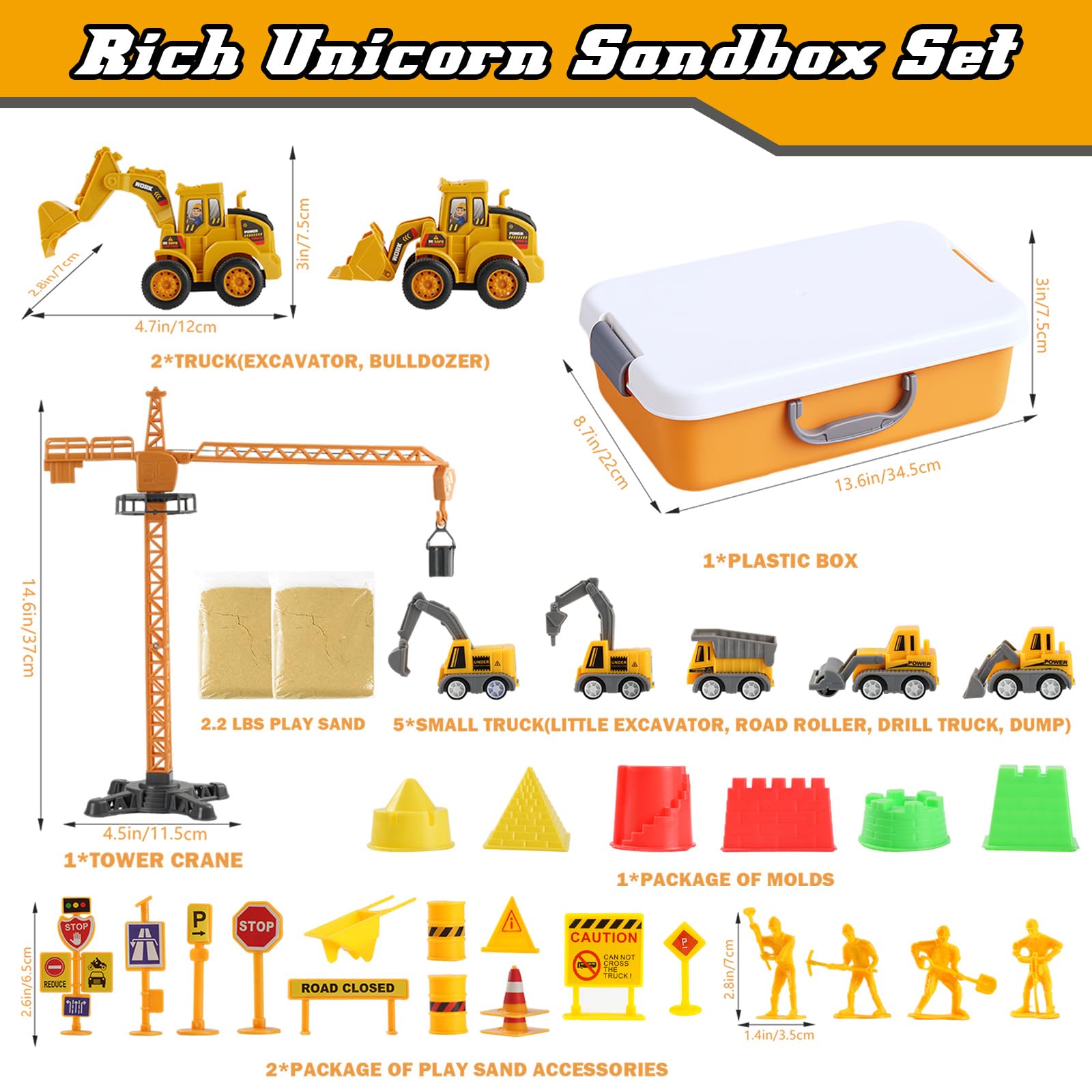 Sand Construction Kit - Play Sand Art Kit with 7 Construction Truck, 2lbs Magic Sand, Castle Molds, Crane, Worker Figures and Road Signs, Construction