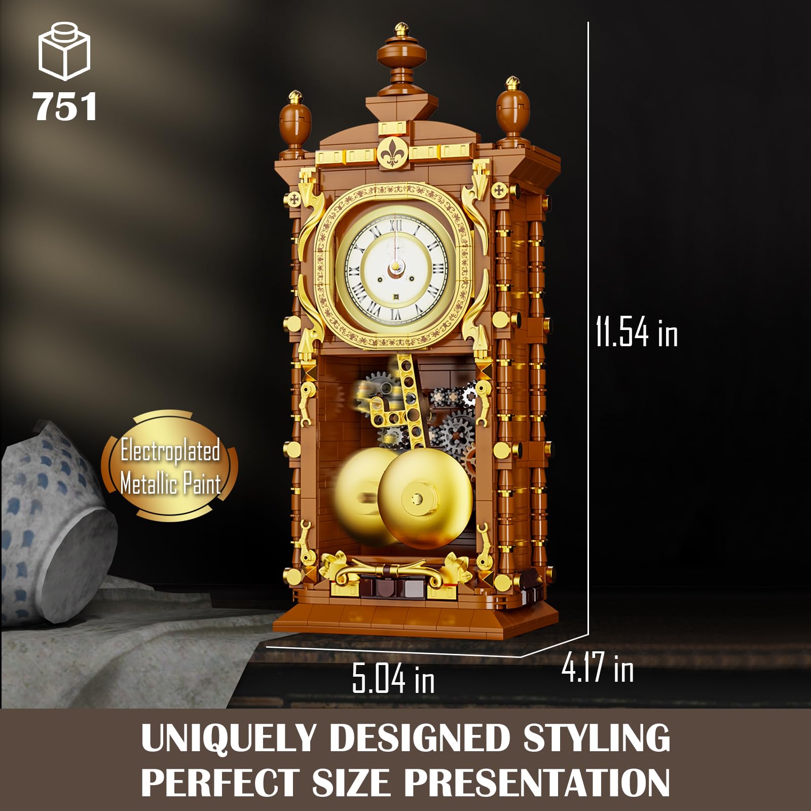 Vziimo Retro Clock Building Blocks Set, Vintage Pendulum Clock Model Kit with Real Functional Timepiece, Creative Gift Toys for Adults Teens 14+ (751