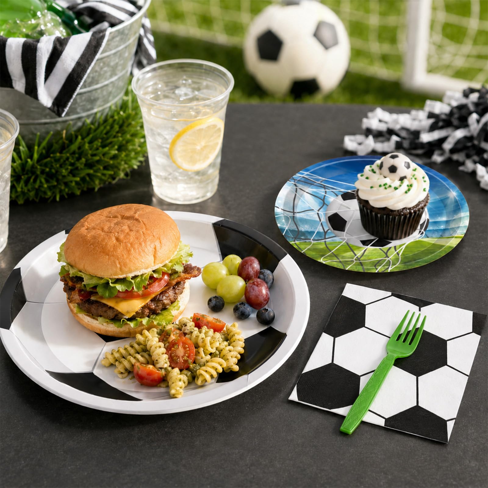Merriva 100 Pcs Soccer Tableware Set Serves 25 - Disposable Football Paper Plates Napkins Forks, 9 Inch 7 Inch Plates Soccer Ball Themed Party