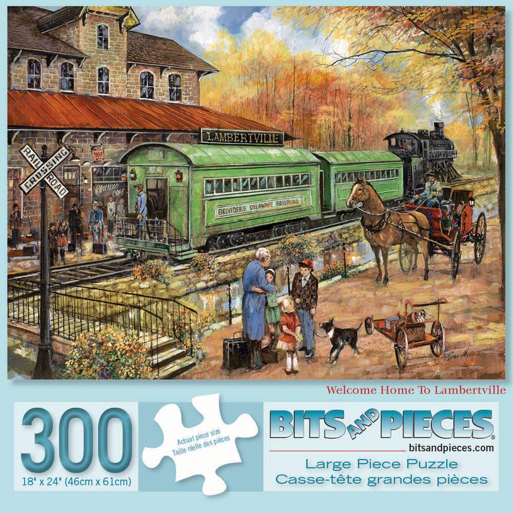 Bits and Pieces - 300 Piece Jigsaw Puzzle for Adults 18" x 24" - Welcome Home to Lambertville - 300 pc Railroad Train Jigsaw by Artist Ruane Manning
