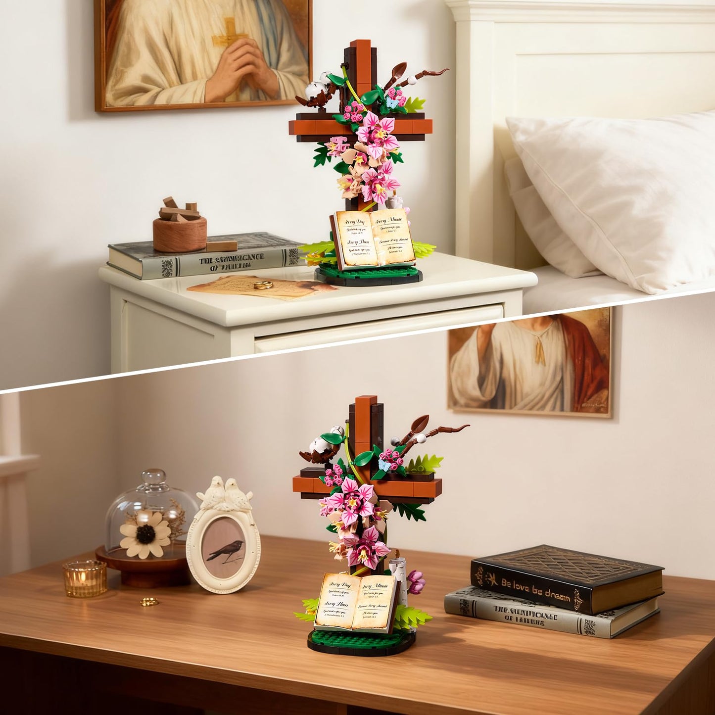 Jesus Cross Flower Building Set, Religious Cross Collectibles Compatible with Lego Botanicals Jesus Pink Catholic Building Toys,Christian Gift