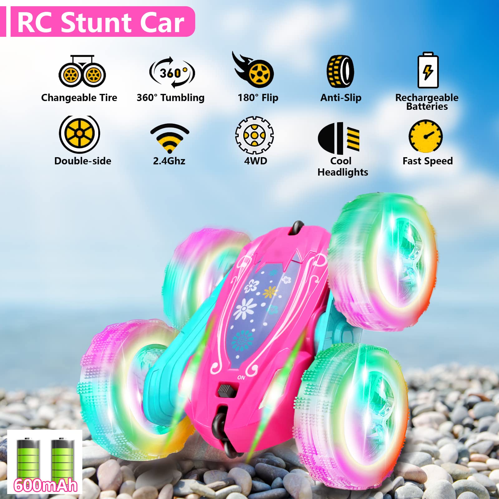 FREE TO FLY Remote Control Car for Girls : Pink RC Car Double Sided 360°Flip Stunt Cars with Headlights & WheelLights Rechargeable Toy Car Birthday