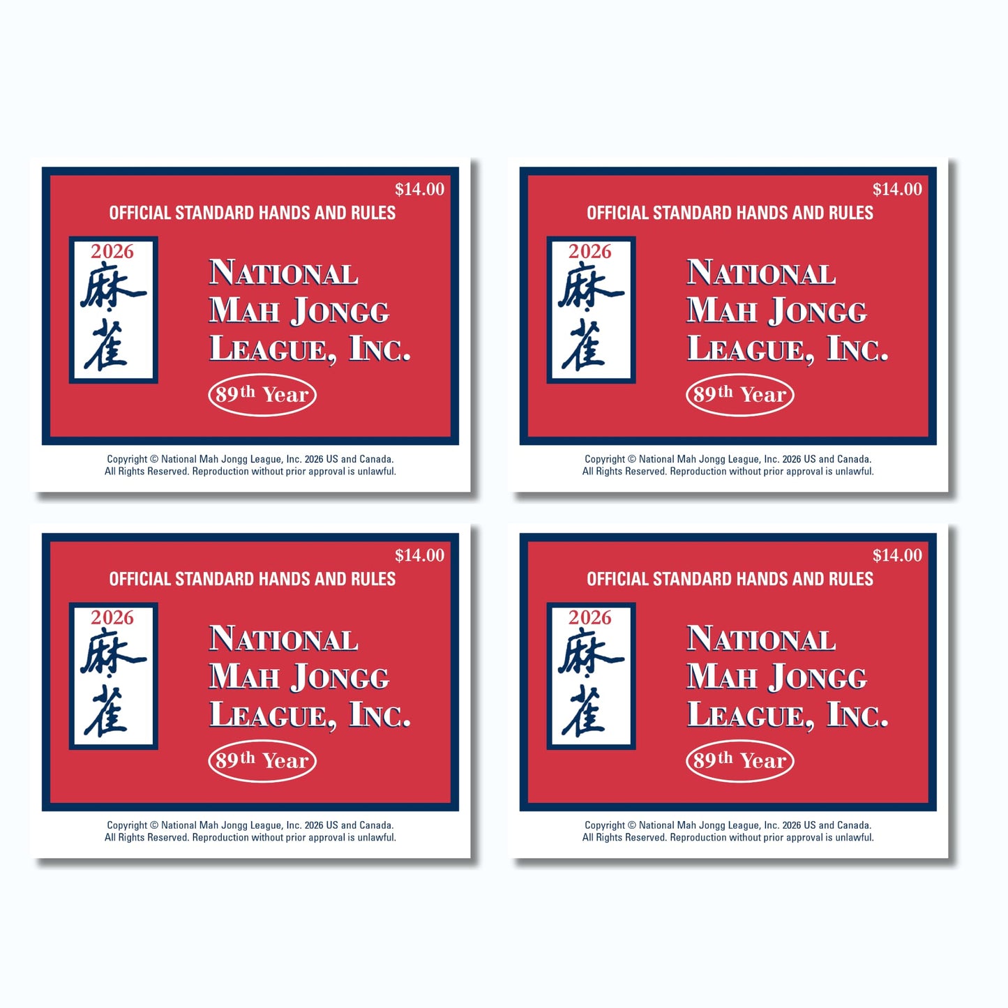 National Mah Jongg League 2026 Mahjong Standard Size Cards Four-Pack Bundle - Official Hands and Rules for American Mahjong (Four Standard-Size Cards)