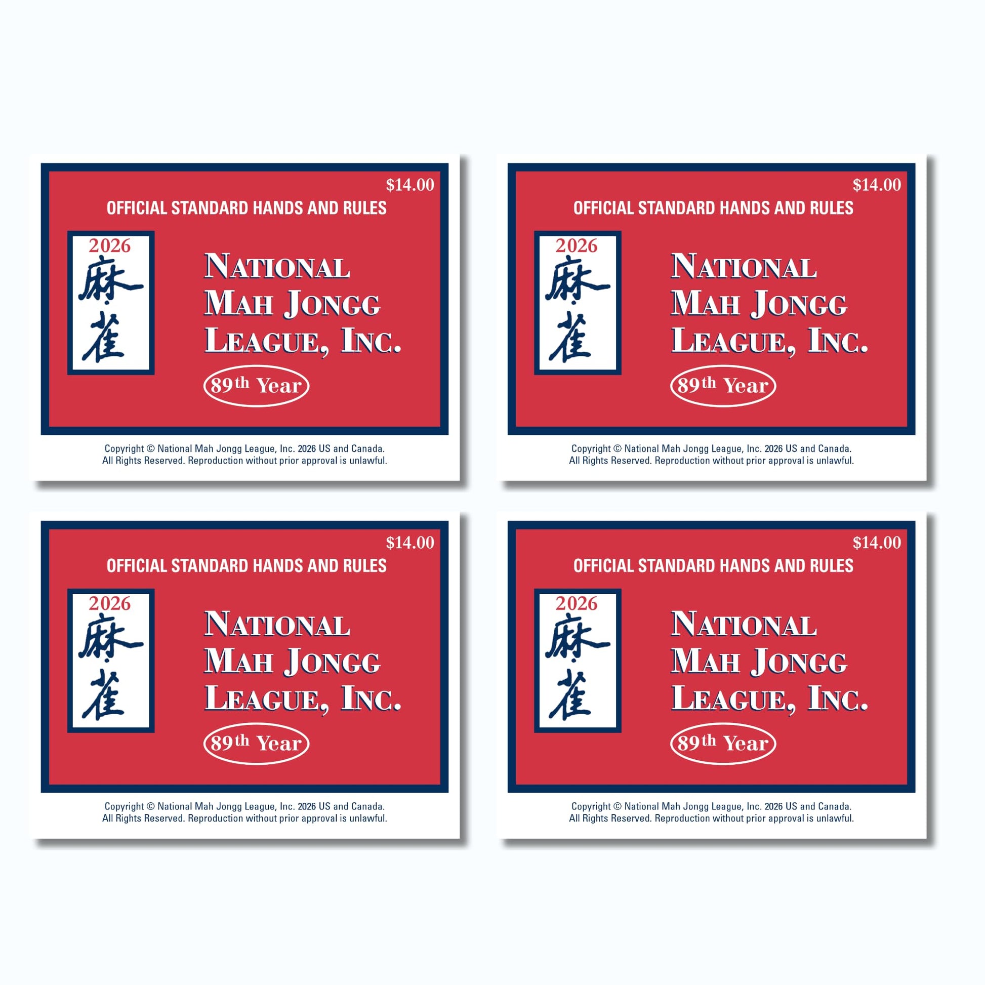 National Mah Jongg League 2026 Mahjong Standard Size Cards Four-Pack Bundle - Official Hands and Rules for American Mahjong (Four Standard-Size Cards)