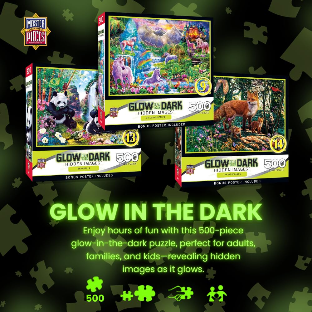 Masterpieces 500 Piece Glow in the Dark Jigsaw Puzzle for Adults, Family, Or Kids - Dinosaur Valley - 15"x21"