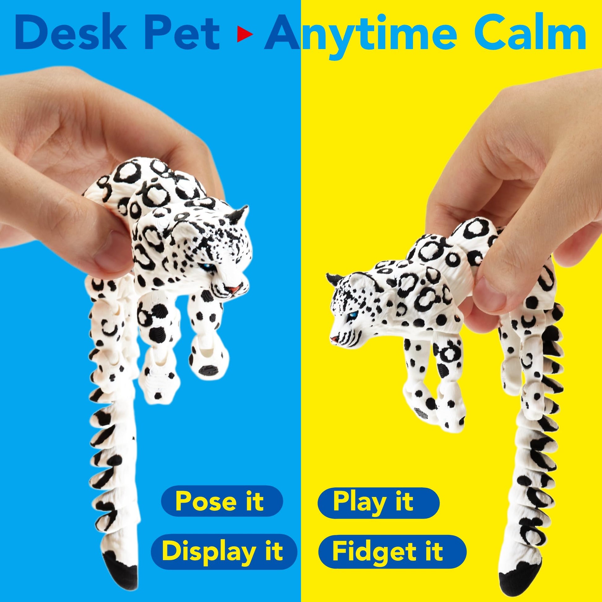 Maxdecoer 3D Printed Snow Leopard, 8" Flexible Articulated Snow Leopard Animal Figure, Desk Fidget Toy for Stress Relief & Office Decor Gift
