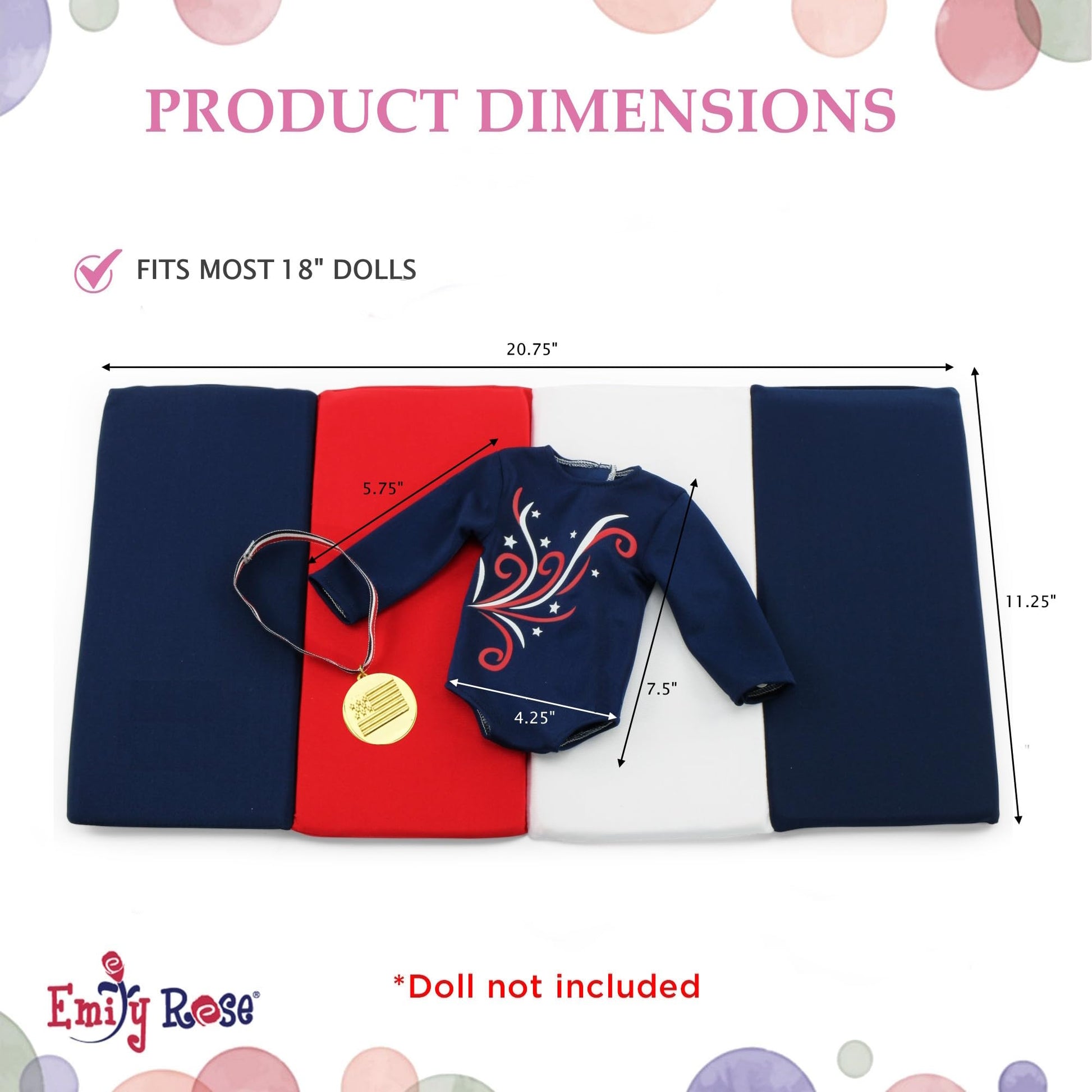 18 Inch Doll Gymnastics Outfit with Tumbling Mat - Emily Rose 4 Piece Gymnast Playset for American Girl Dolls, Includes Leotard, Gold Medal & Face