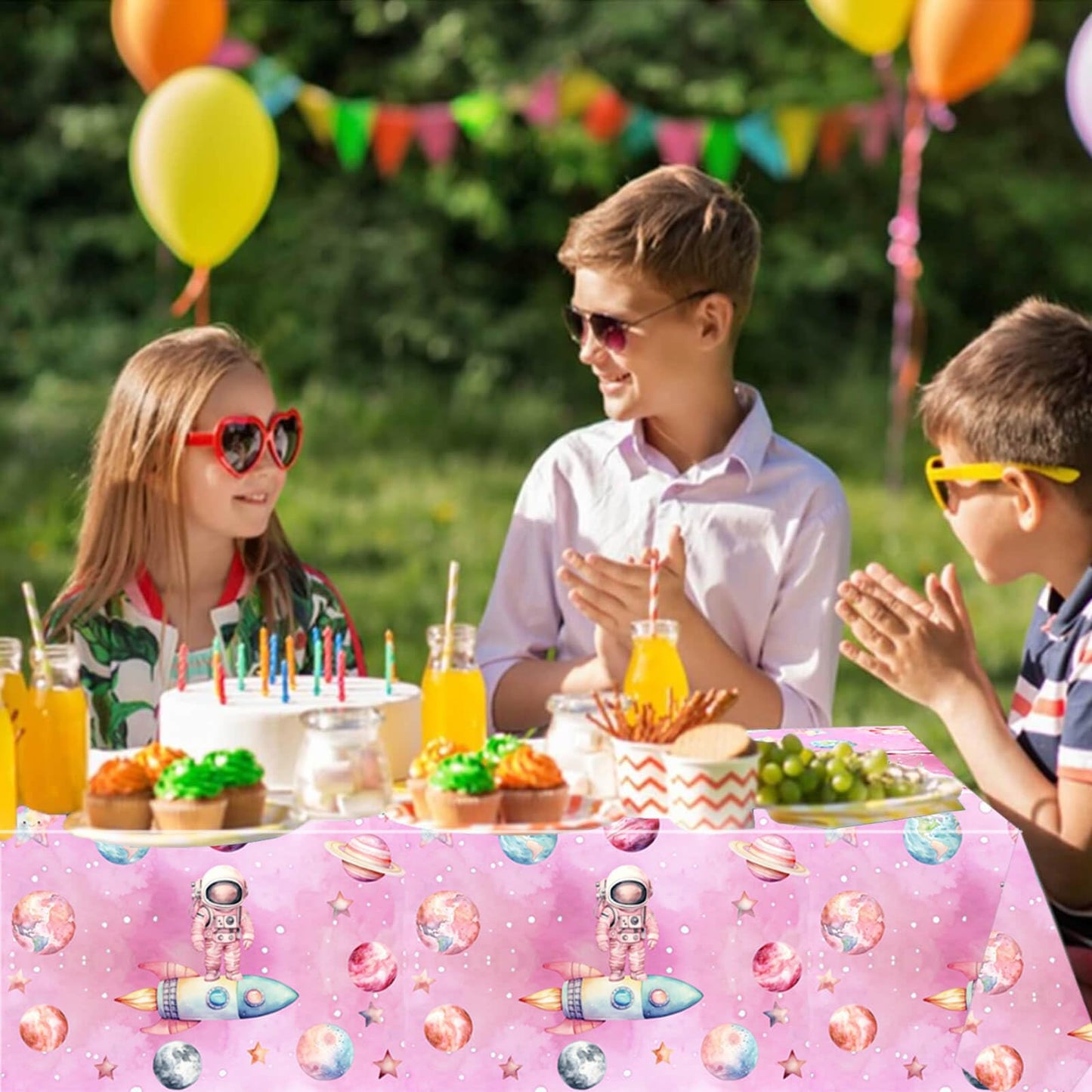 2 Pcs Outer Space Girls Birthday Party Tablecloth 54'' x 108'' Space Table Covers for Astronauts Theme Girls Baby Shower 1st 2nd 3rd 4th 5th Birthday